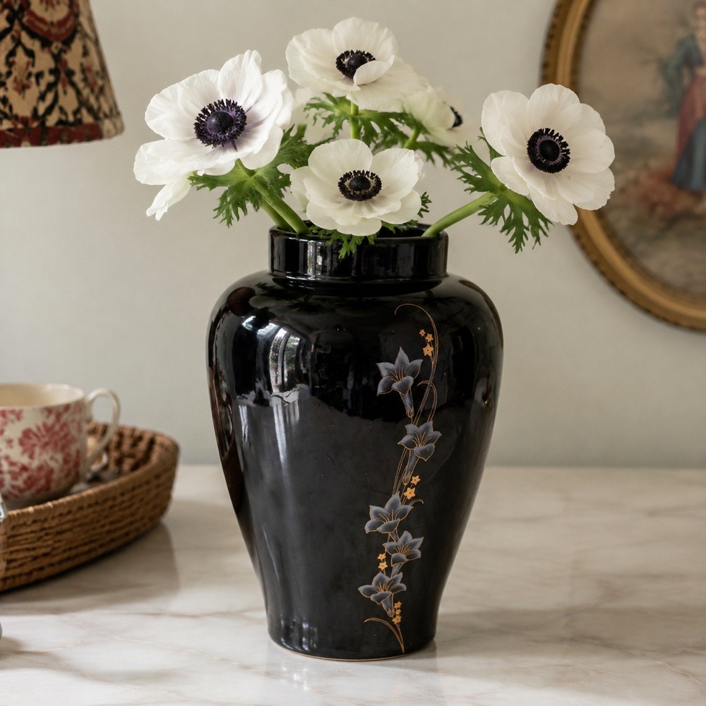 Vintage Large Black Floral Ceramic Vase Chinoiserie Lily Gold Detail Asian Decor